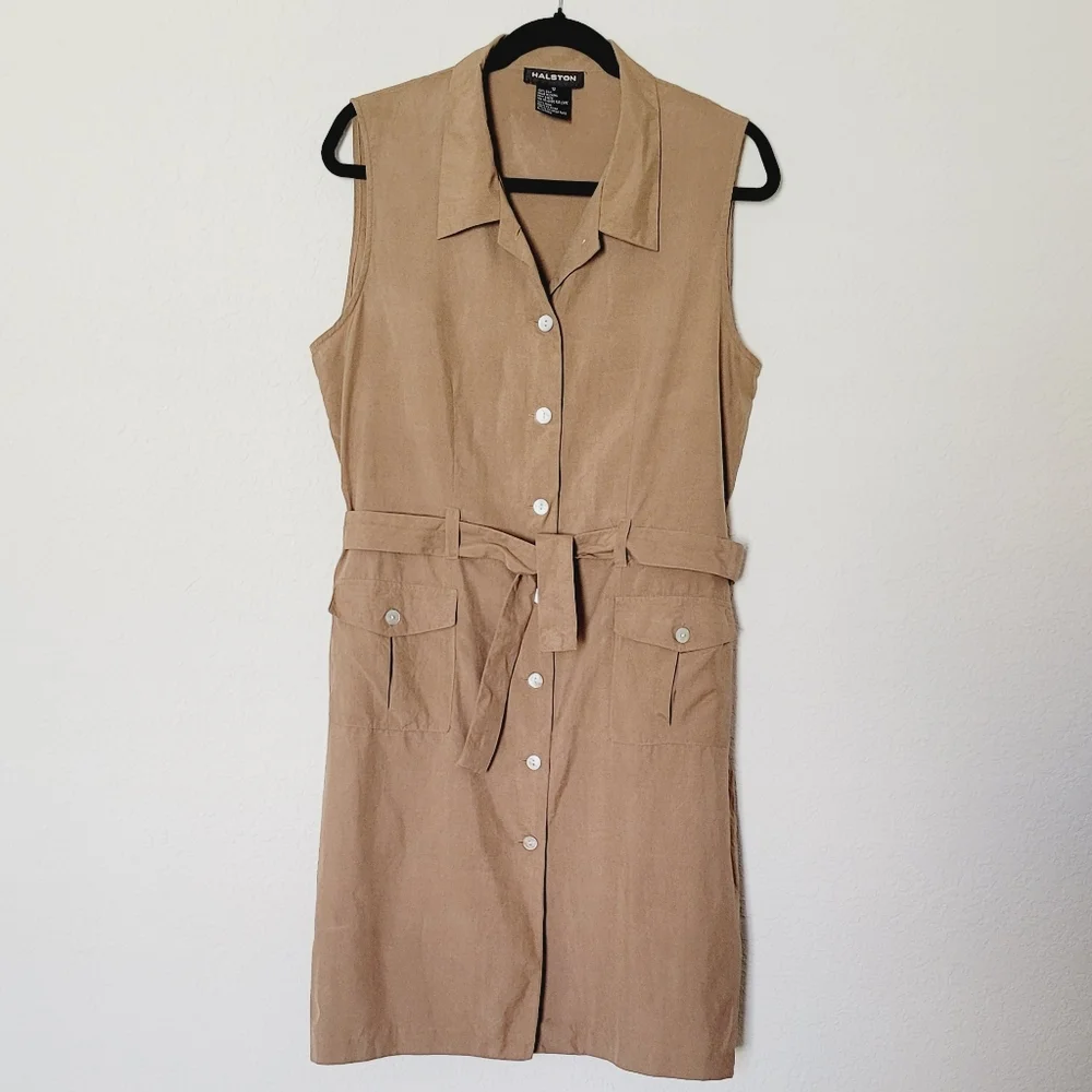 Vintage HASLTON Khaki Sleeveless Button-Down Dress Sz 12 - Picture 1 of 13